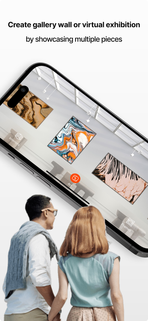 Smartphone screen showing a virtual gallery wall with multiple art pieces in a realistic interior