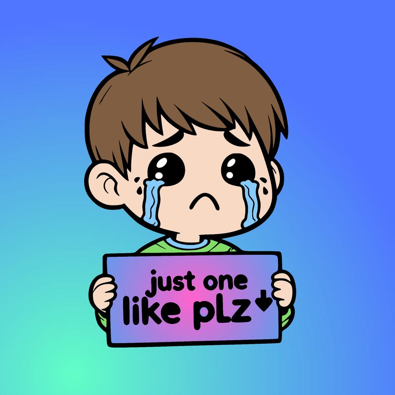 realistic crying boy with a sign saying just one like plz