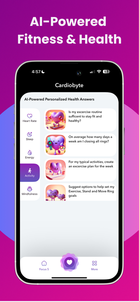 Heart Rate Monitor: Cardiobyte - Captura de tela da interface do aplicativo Cardiobyte mostrando respostas personalizadas de saúde com IA e categorias de rastreamento de atividades.