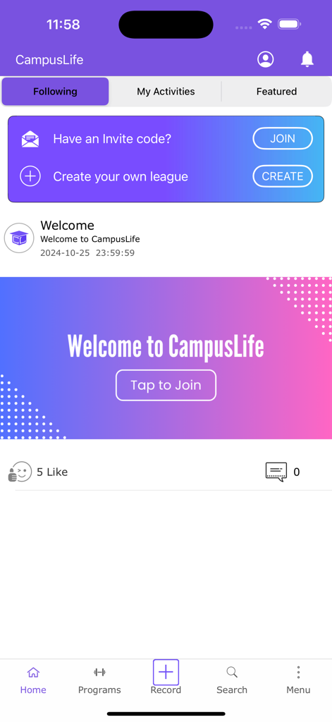 Campus.Life - Startbildschirm der Campus Life App mit einem Social-Activity-Feed und Optionen zur Teilnahme an oder Erstellung von Ligen