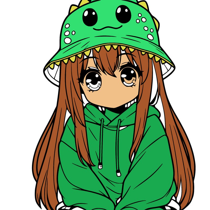 girl with anime shaped eyes with a dinosaur bucket hat oversized sweatshirt long straight hair