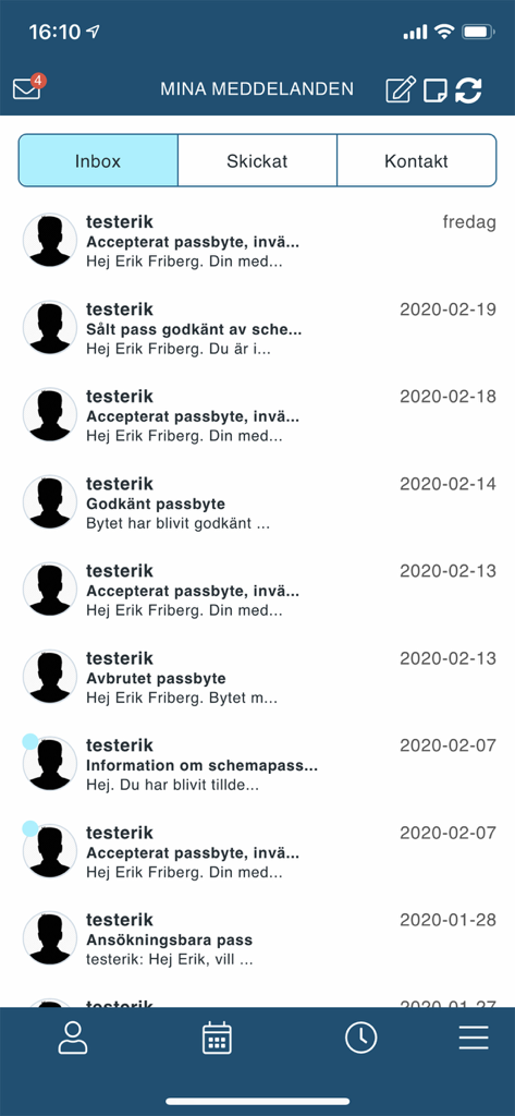 Caspeco Cloud - Inbox screen of the Caspeco Cloud app showing a list of employee shift notifications and messages