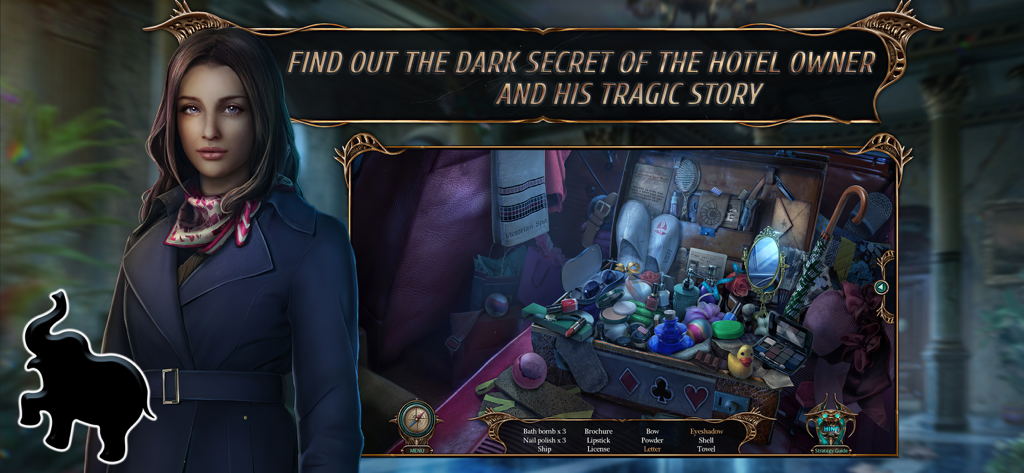 A hidden object puzzle scene in Haunted Hotel Lost Time showing a suitcase filled with items to find