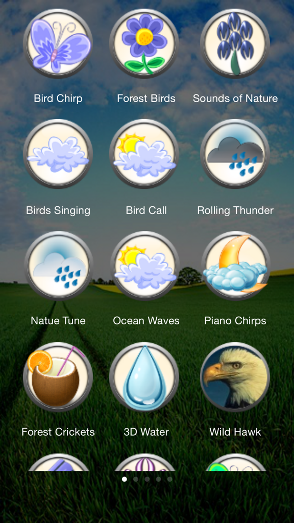A menu of calming nature sounds including bird chirps ocean waves and forest birds displayed with illustrative icons on a nature background
