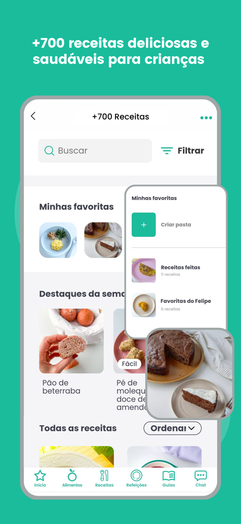 Mobile app interface displaying healthy food recipes and meal planning for children