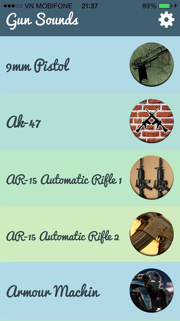 Gun Sounds - Real Gun Sound - Gun Sounds app interface showing a list of weapons including 9mm Pistol AK-47 and AR-15