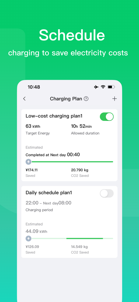 Interface de l'application Autel Charge montrant différents plans de recharge programmés pour économiser sur les coûts d'électricité et réduire le CO2