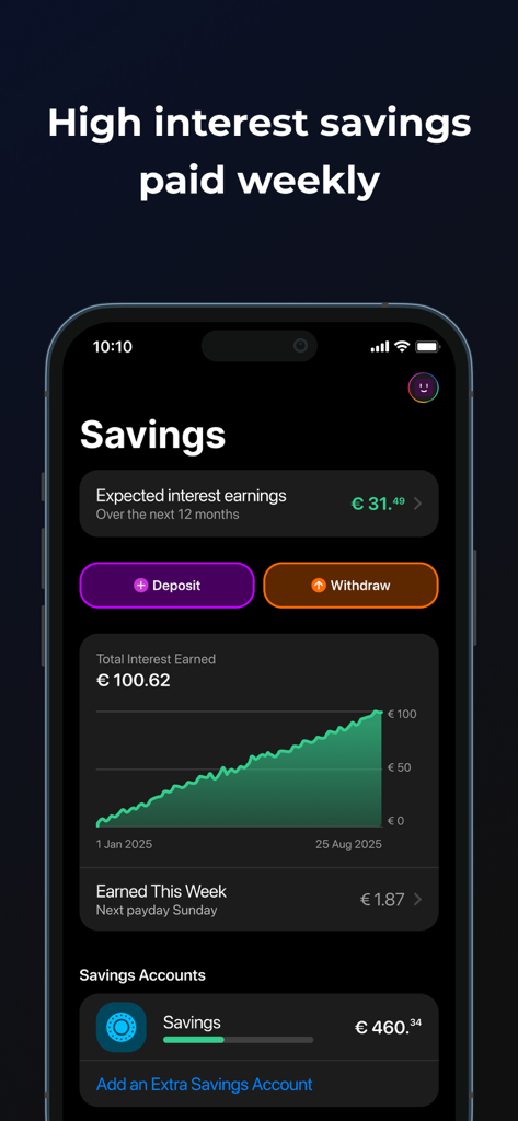 bunq - Mobile app interface showing bunq savings account with weekly interest earnings and growth graph