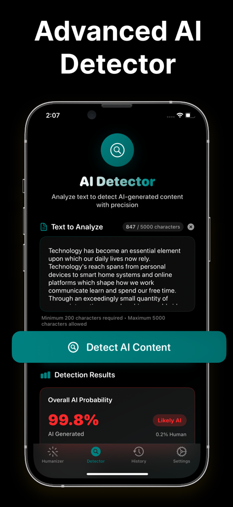 Ferramenta avançada de detector de IA mostrando um alto resultado de probabilidade para conteúdo gerado por IA
