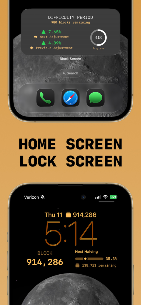 Block Screen: Bitcoin Widgets - Pantallas de inicio y de bloqueo de iPhone mostrando widgets de altura de bloque de Bitcoin y cuenta regresiva de halving