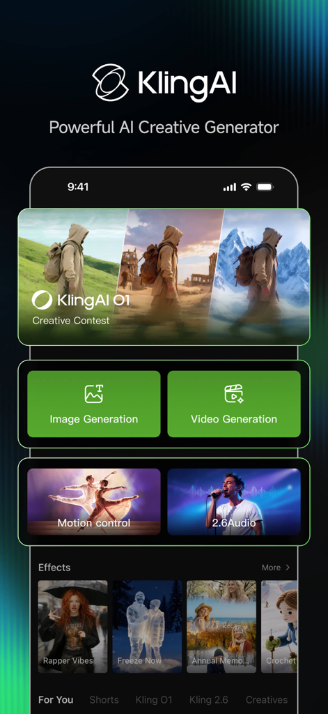 Kling AI: AI Image&Video Maker - Kling AI mobile app home screen featuring image and video generation tools with a creative community feed