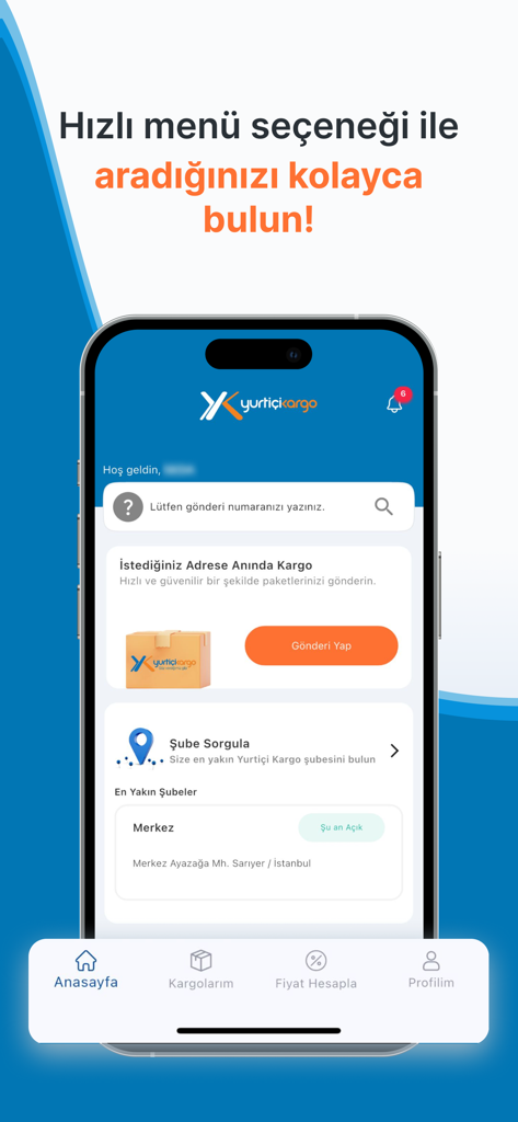 Yurtiçi Kargo - Schermata principale dell'app mobile Yurtici Kargo con tracciamento spedizioni e localizzatore filiali