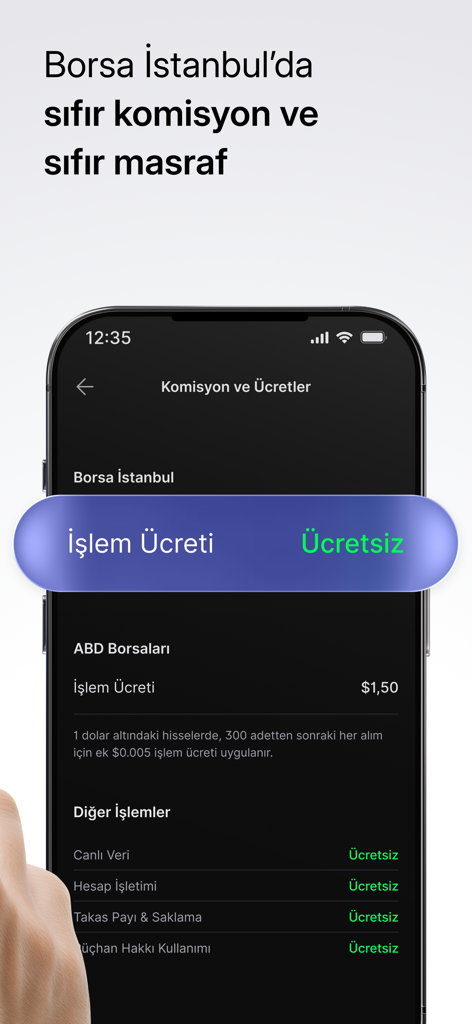Midas: Borsa Hisse Alım Satım - Midas mobile app screen displaying zero transaction fees for Borsa Istanbul and transparent commission rates for US markets