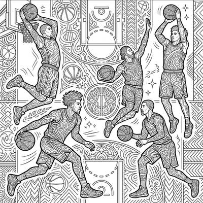 Experience the thrill of the game with this unique adult coloring page featuring dynamic basketball players in action. Immerse yourself in intricate patterns and bring this vibrant court scene to life with your creative colors.