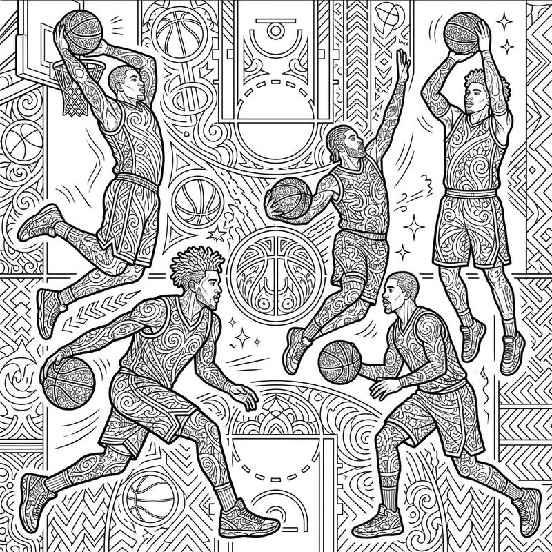 Experience the thrill of the game with this unique adult coloring page featuring dynamic basketball players in action. Immerse yourself in intricate patterns and bring this vibrant court scene to life with your creative colors.