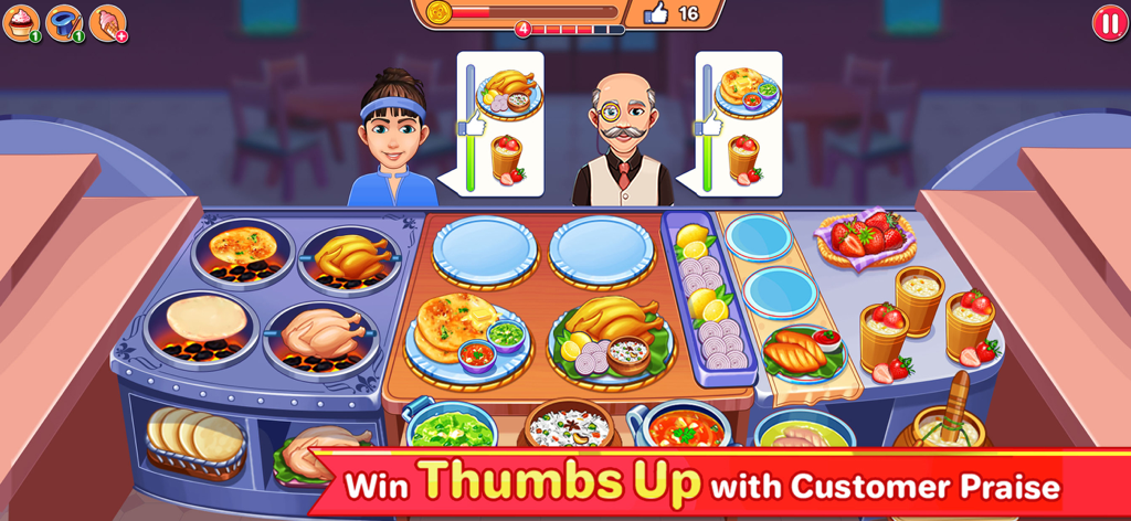 Indian Cooking Madness Games - Una colorida escena de cocina en Indian Cooking Madness donde los jugadores sirven platos tradicionales indios a los clientes que esperan