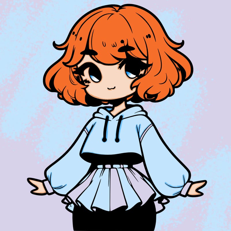 cute femboy with short, fluffy hair that softly frames their face, wearing a cropped hoodie, paired with a flouncy short skirt, and thigh-high stockings