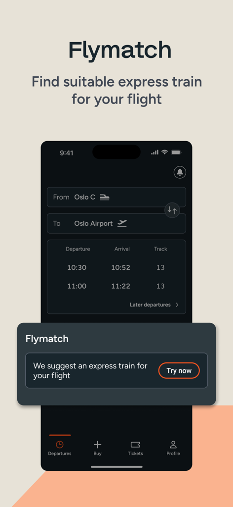 Flytoget App-Bildschirm zeigt die Flymatch-Funktion zur Synchronisierung von Flughafen-Expresszugabfahrten mit Flugzeiten