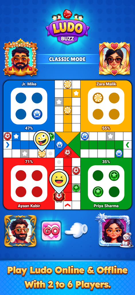 Ludo Buzz - Multiplayer Game - Interfaz del juego móvil Ludo Buzz que muestra una partida de cuatro jugadores en modo clásico con avatares coloridos y emojis.