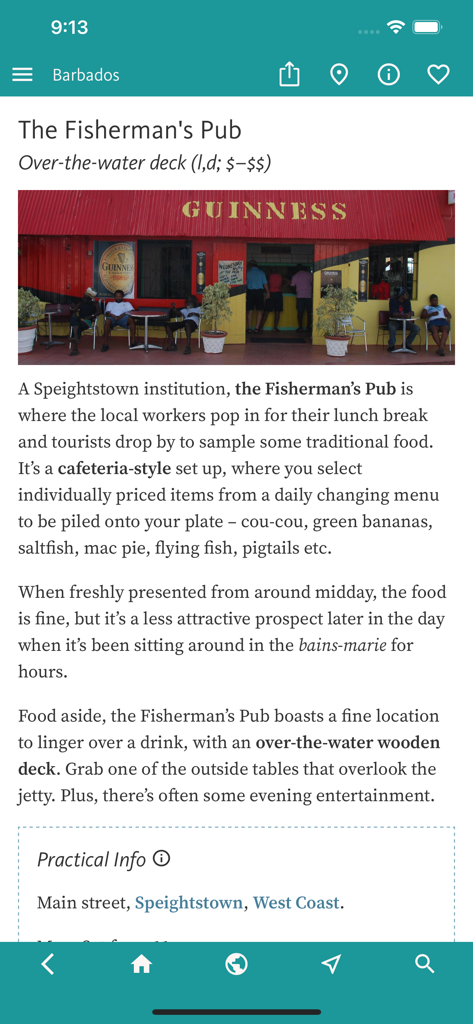 바베이도스 스파이트스타운의 The Fisherman's Pub 리뷰를 표시하는 앱 화면
