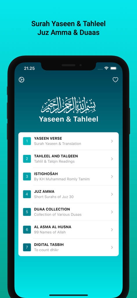Yasin & Tahlil - Main menu screen of the Yasin and Tahlil Islamic prayer app showing Juz Amma and Duaa collections