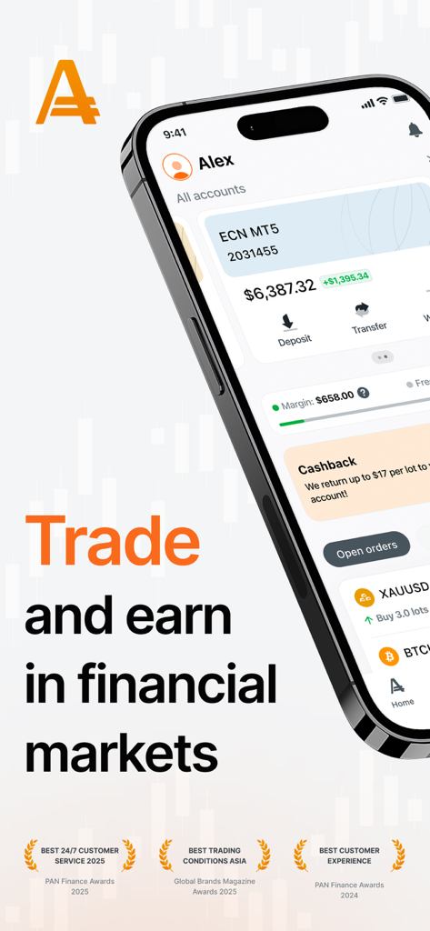 Painel do aplicativo móvel AMarkets mostrando o saldo de uma conta de trading e prêmios da indústria