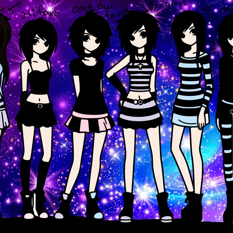 5 tall pretty e girls standing next to each other in emo outfits