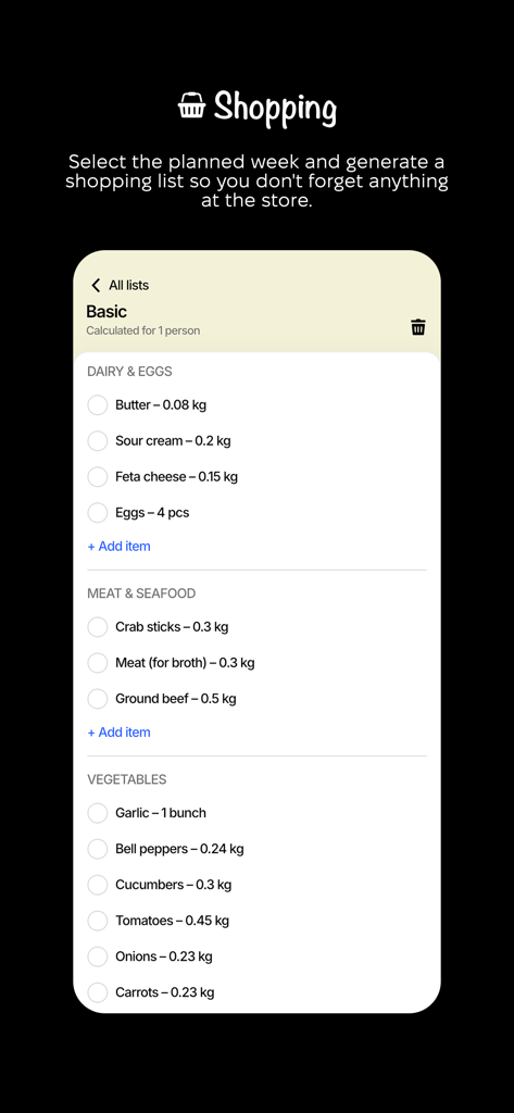 FoodsPlans - Categorized grocery shopping list in the FoodsPlans mobile app