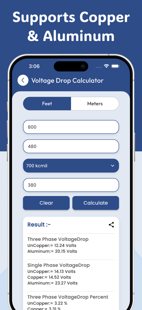 Voltage Drop Calculators - Voltage Drop Calculator app interface showing three-phase and single-phase calculation results for copper and aluminum conductors.