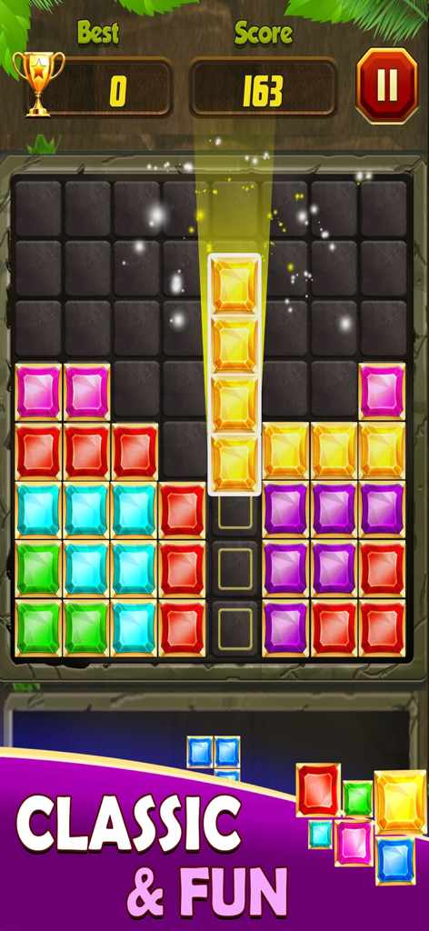 Jugabilidad de Block Puzzle Jewel Blast mostrando coloridos bloques de joyas en una cuadrícula