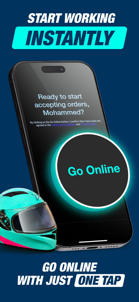 ToYou: Rep - Uma tela de smartphone para o aplicativo ToYou Rep com um grande botão Ir Online ao lado de um capacete de entrega