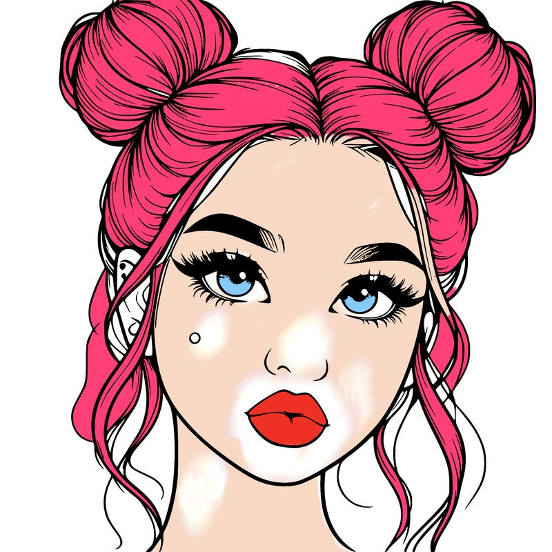 realistic girl with two buns on her hair and lips