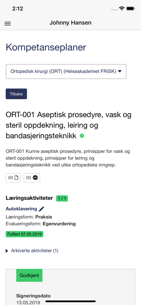 Dossier Helse - Ein Mobilbildschirm aus der Dossier Helse App, der einen Kompetenzplan für die medizinische Ausbildung und abgeschlossene Lernmeilensteine zeigt