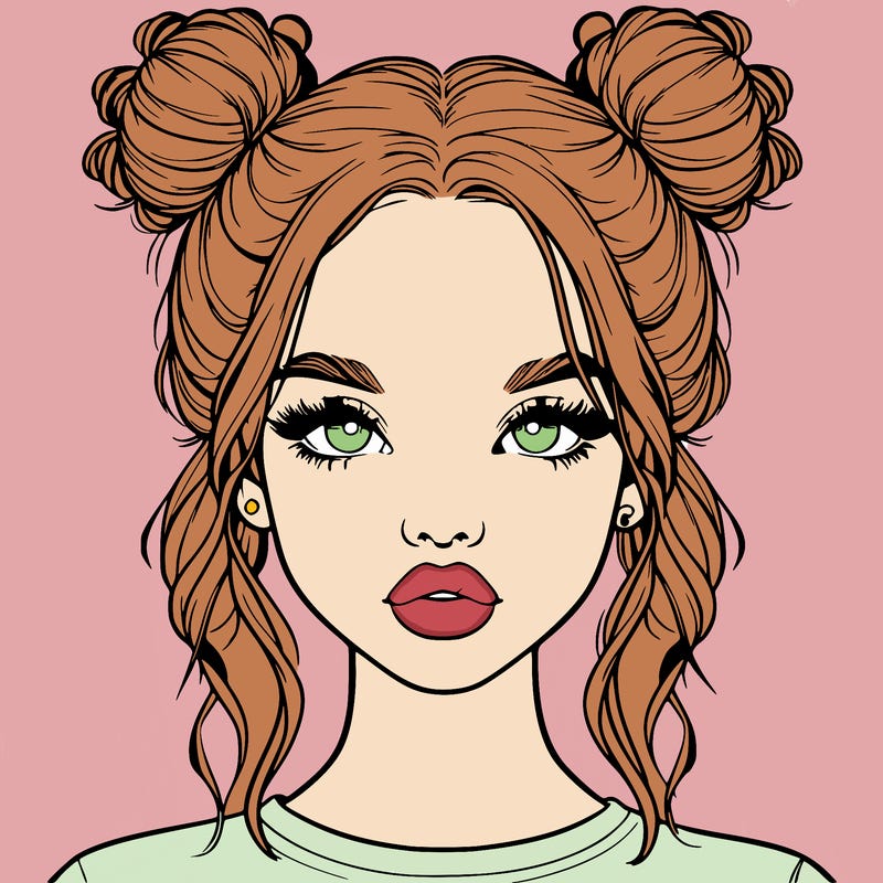 realistic girl with two buns in hair and lips