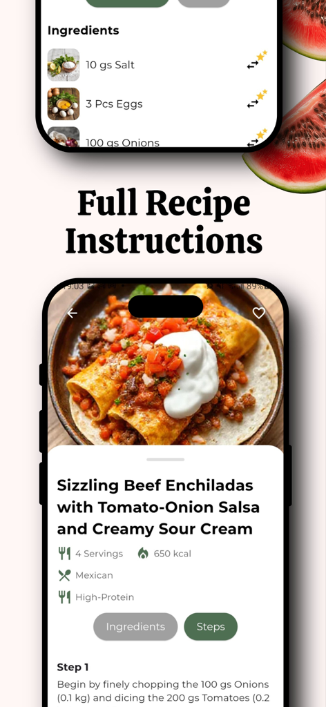 Dishify: AI Recipe Generator - Screenshot of the Dishify app showing full recipe instructions for beef enchiladas including ingredients and step by step guide