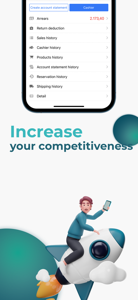 판매 기록 및 연체와 같은 관리 도구를 보여주는 MC Boss 앱 인터페이스, 성장을 상징하는 로켓 그림 포함