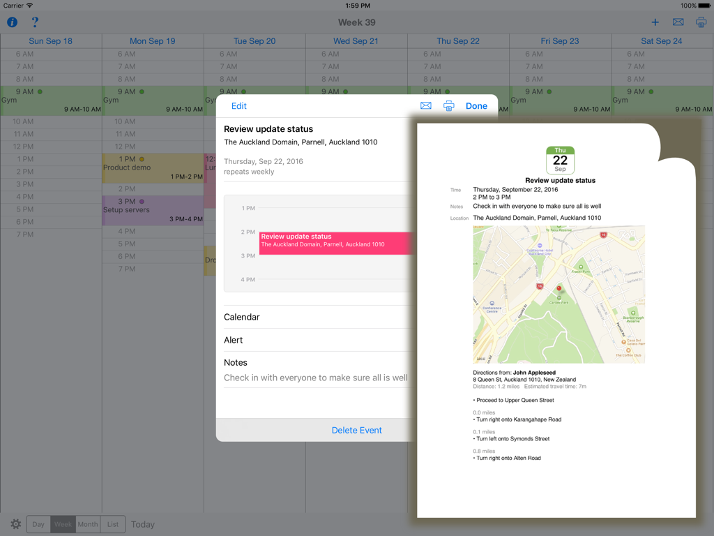 App CalPrint per iPad che mostra una schermata di modifica di un evento del calendario e un'anteprima di stampa con mappa e indicazioni stradali.