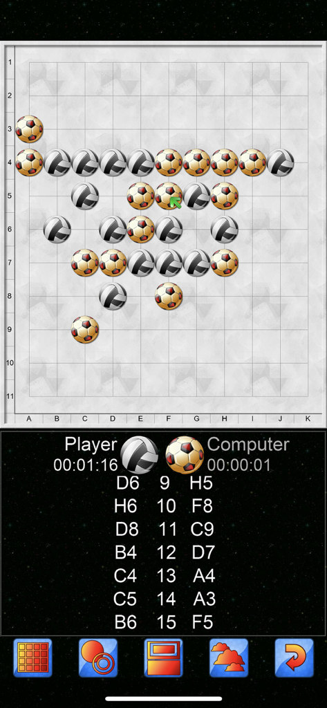 Gomoku V+, 5 in a line game. - A Gomoku game in progress on an 11x11 grid using volleyball and soccer ball themed pieces with move history shown below.