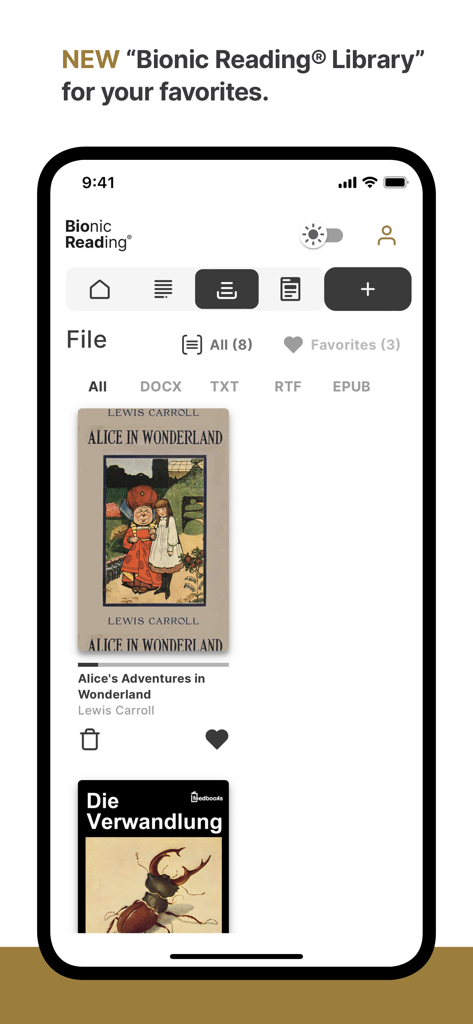 Bionic Reading® - Bionic Reading app library screen displaying a collection of digital books
