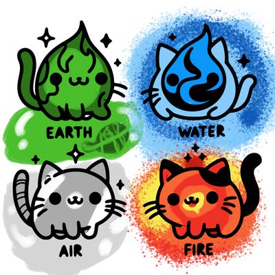 4 cats that represent the different elements, earth, water, air, and fire