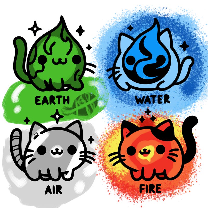 4 cats that represent the different elements, earth, water, air, and fire