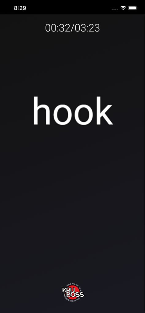 Kruboss Bag Work - フックストライクコマンドとワークアウトタイマーを表示するKrubossアプリインターフェイス