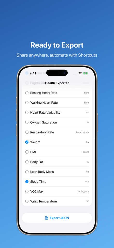 Interface of the Health Exporter app showing a list of health metrics like weight and sleep time selected for JSON export on an iPhone
