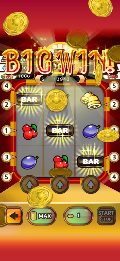 Slot Machines Classic : lucky - A big win announcement on a classic slot machine interface with falling gold coins and cherry symbols