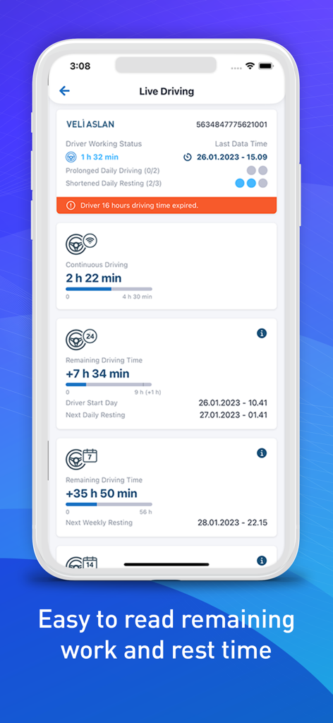 Arvento app screen displaying real-time driver work and rest time status