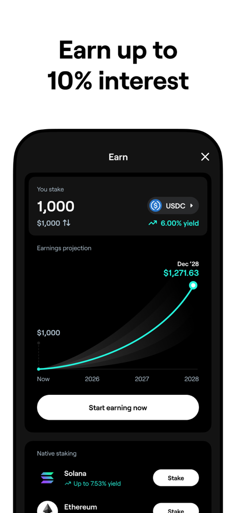 Interface of the xPortal app showing crypto staking options and a 10 percent interest earning projection
