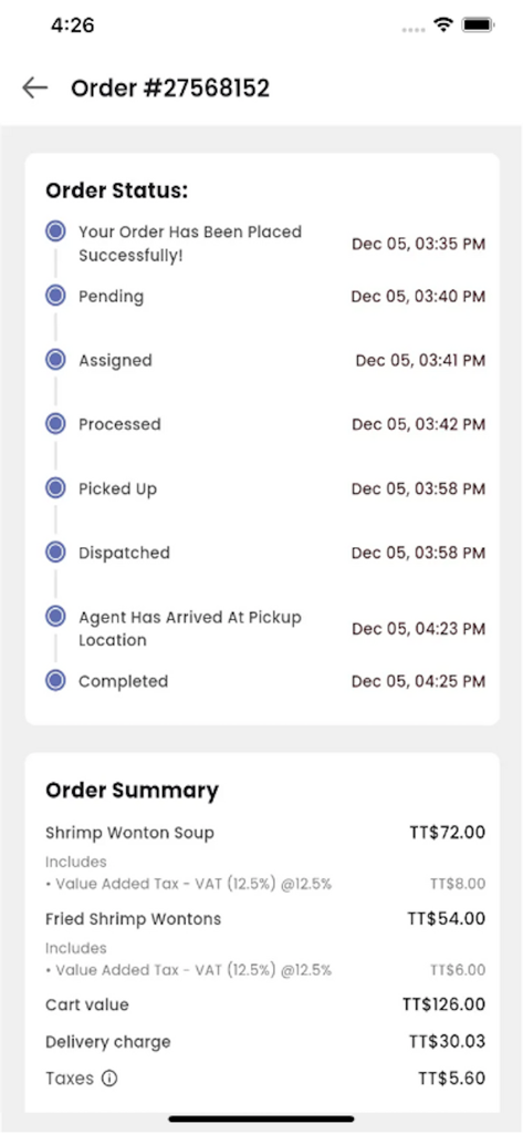 A mobile app screenshot showing the order status timeline and price summary for a food delivery order.