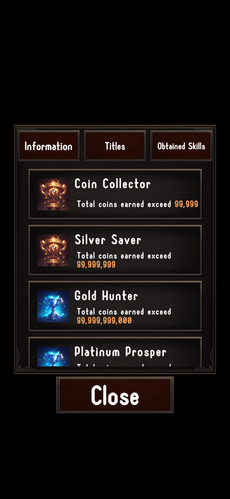 Coin Clicker - Coin Tap Game - A menu screen showing achievement titles like Coin Collector and Gold Hunter with trophy icons in the Coin Clicker game.