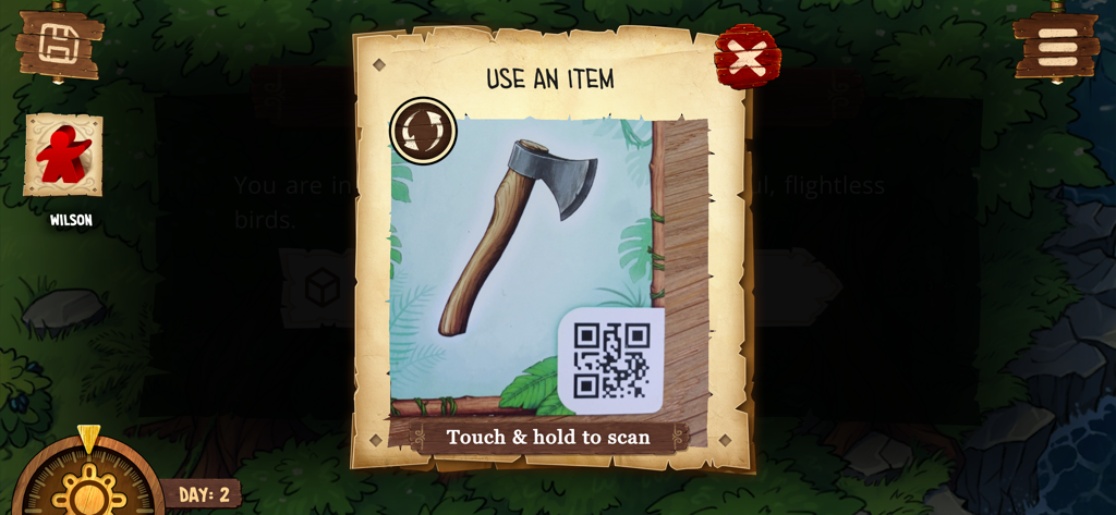 Toriki board game companion app displaying an axe item with a QR code for scanning.