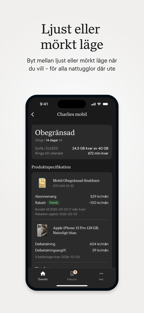 App móvil Mitt Tele2 en modo oscuro mostrando detalles de suscripción y cuotas de hardware